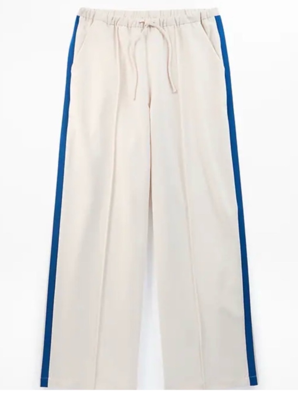 NWT Athleta MVP Mid Rise side stripe pant, color cream with blue stripes, small